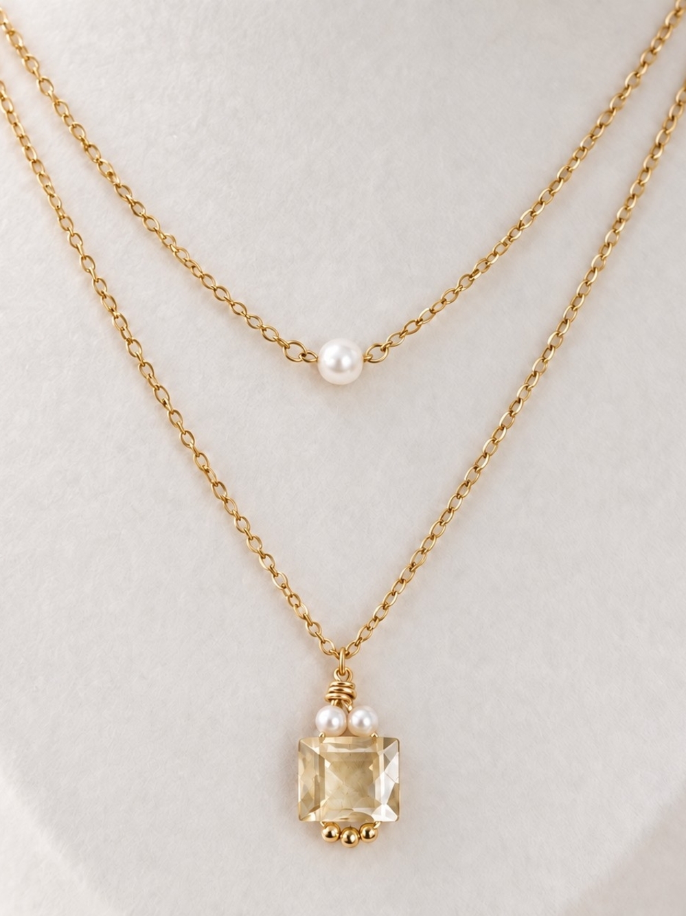 Champagne Quartz & Pearl Layered Necklace Set